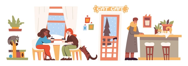 Interior do café do gato com pessoas e animais de estimação. ilustração em vetor plana de cafeteria com gatinhos no balcão e torre de escalada de gato, mulheres sentadas à mesa, homem, plantas e fundo de inverno atrás das janelas