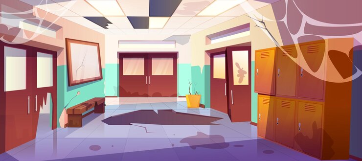 Vetor grátis interior do corredor da velha escola suja dos desenhos animados com portas de sala de aula de armários quebrados e lixo