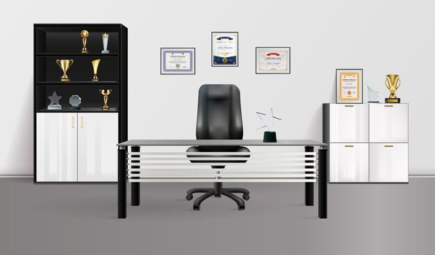 Interior do escritório realista com copos de vencedores de poltrona de mesa nas prateleiras do armário