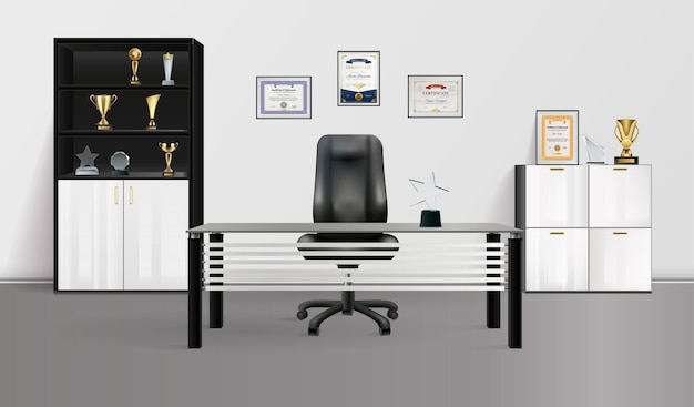 Interior do escritório realista com copos de vencedores de poltrona de mesa nas prateleiras do armário