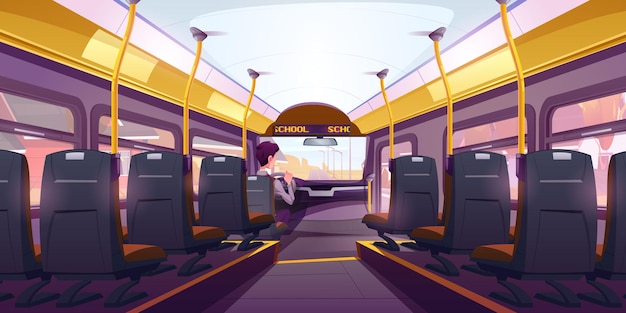 Vetor grátis interior do ônibus escolar dos desenhos animados com motorista dentro