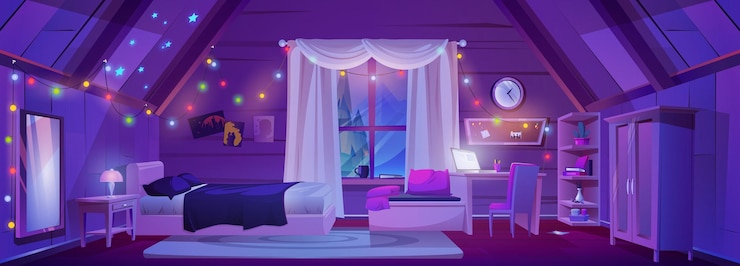 Vetor grátis interior do quarto do sótão dos desenhos animados à noite