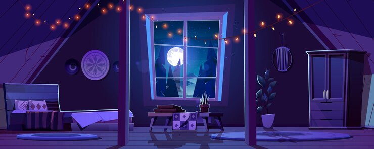 Vetor grátis interior do quarto em estilo boho no sótão à noite