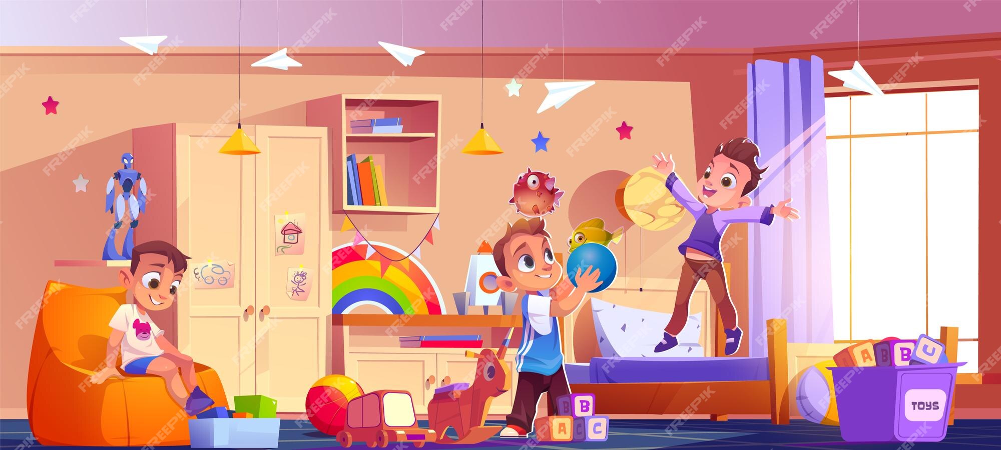 Interior do quarto infantil com meninos personagem cartoon vetor fundo  criança sala de jogos em casa com brinquedo ilustração interior amigos do  jardim de infância no apartamento com estante de livros e