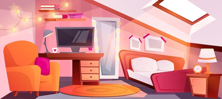 Vetor grátis interior do sótão dos desenhos animados do quarto de menina aconchegante com espelho de cama e espaço de trabalho