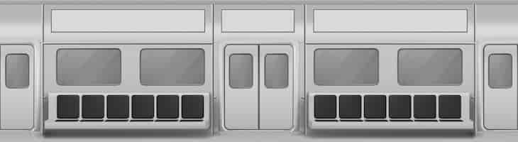 Vetor grátis interior do vagão do trem com assentos, janelas e portas fechadas. fundo realista com janelas de vidro, portas de correr, corrimãos e cadeiras no transporte do metrô. vagão de metrô vazio dentro