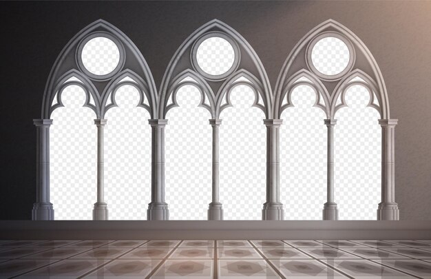 Interior realista do salão com arcos de mármore e colunas na ilustração vetorial de fundo transparente