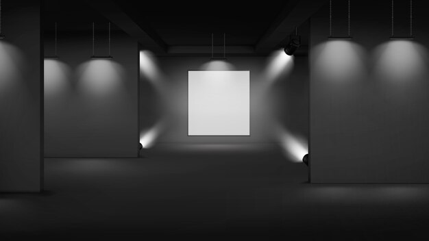 Interior vazio da galeria de arte com imagem no centro, iluminado com holofotes
