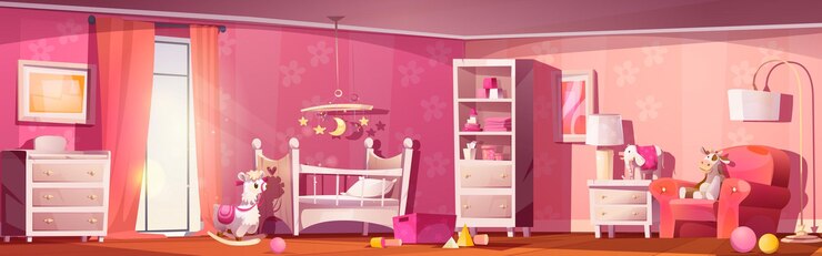 Vetor grátis interiores do quarto do bebé com desenho animado do berço