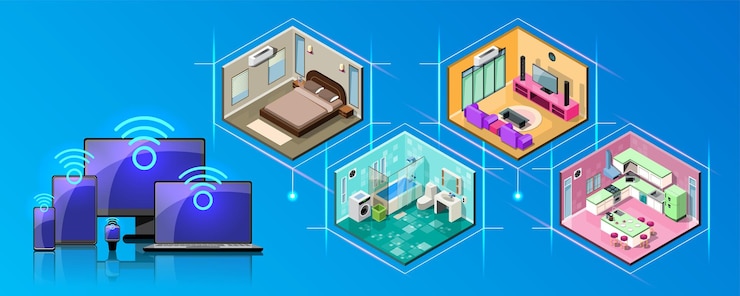 Vetor grátis internet das coisas iot conexão inteligente e dispositivo de controle na rede da indústria e residente em qualquer lugar a qualquer hora qualquer pessoa e qualquer negócio com internet tecnologia de ti para futurista do mundo