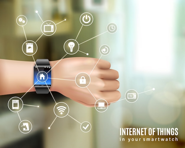 Internet das coisas no dispositivo de relógio de multimídia de pulso inteligente na mão