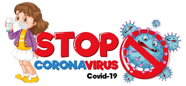 Interrompa o banner do coronavirus com uma garota usando máscara médica em fundo branco