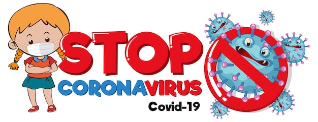 Vetor grátis interrompa o banner do coronavirus com uma garota usando máscara médica em fundo branco