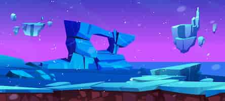 Vetor grátis inverno gelo alienígena planeta paisagem jogo fundo noite fantasia congelado mundo vetor ambiente cósmico para rpg papel de parede extraterrestre com ilha flutuante e ilustração de cena de céu estrelado