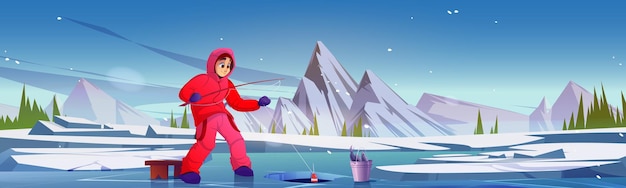 Inverno pesca cartoon vetor ilustração jovem mulher em roupas quentes no lago congelado coberto de gelo puxa a vara de pesca para fora das atividades do buraco no fundo da paisagem com lagoa e montanhas nevadas