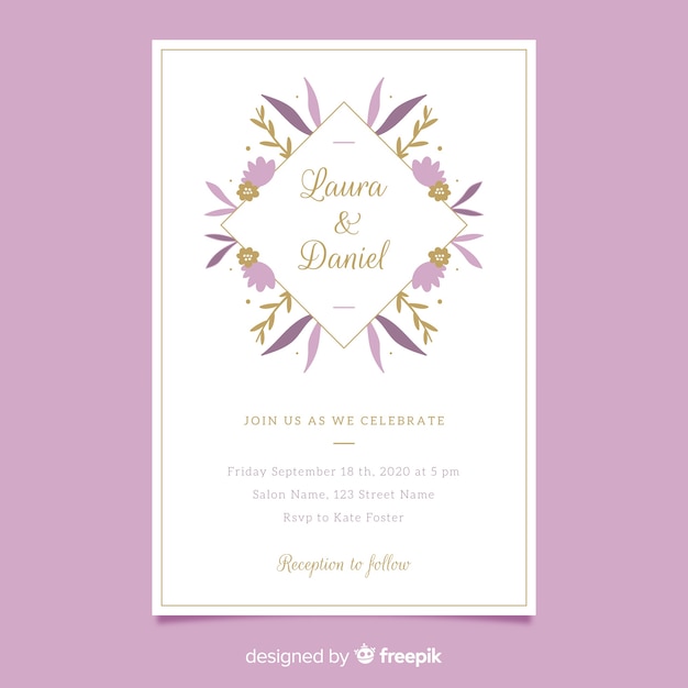 Vetor grátis invitatio de casamento quadro floral roxo em design plano