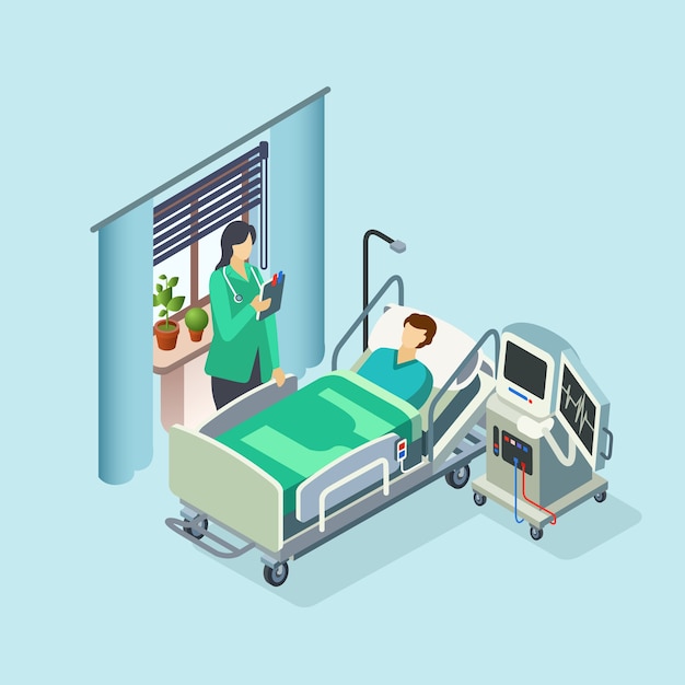 Vetor grátis isométrica moderna sala de hospital, enfermaria com paciente do sexo masculino na cama