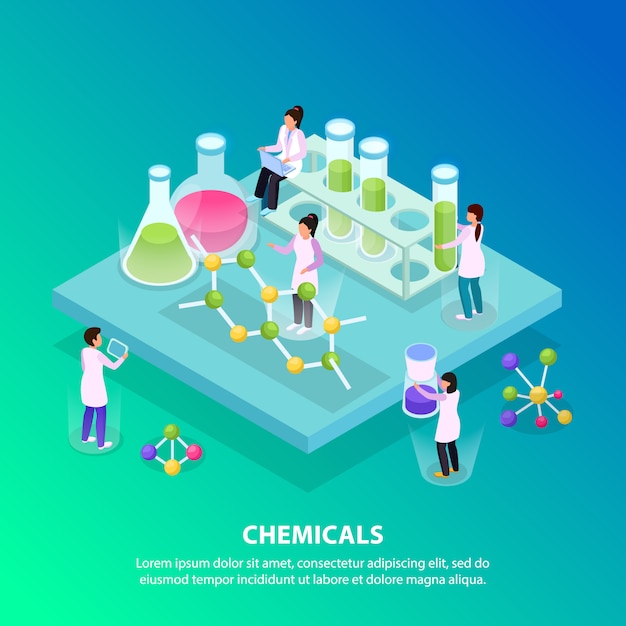 Isométrico e plano de fundo de produtos químicos com cinco pessoas trabalham no laboratório