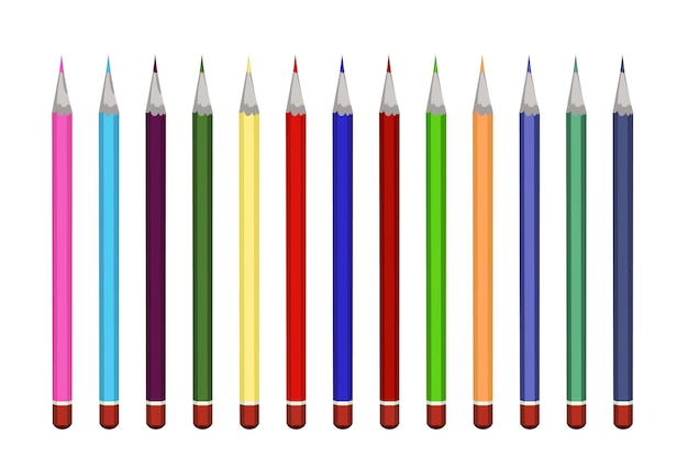 Itens de artista de lápis de cor afiada isolados em fundo branco ferramentas de desenho brilhantes definem coleção de arte de papelaria colorida e equipamentos escolares