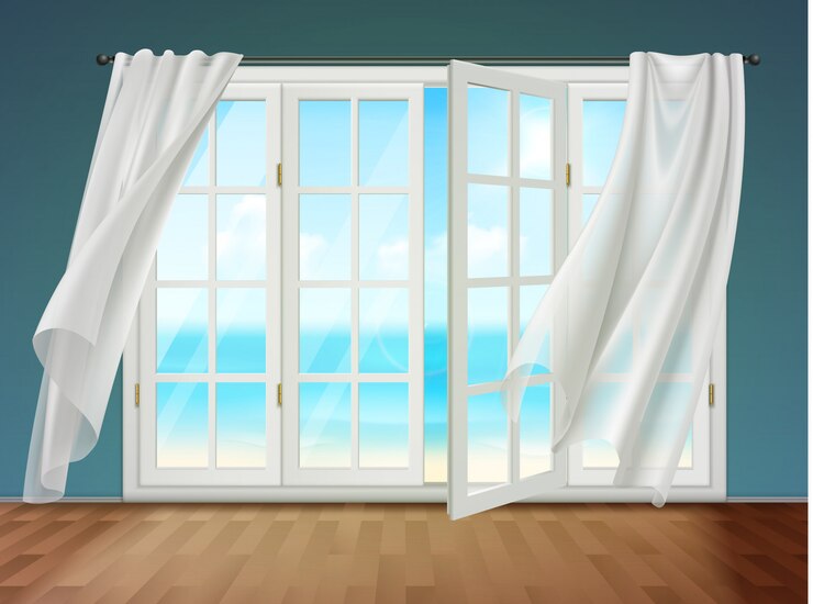 Vetor grátis janela aberta com cortinas esvoaçantes