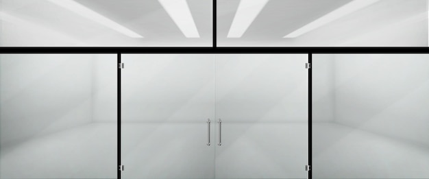 Janela de vidro frontal 3d e porta na maquete da loja escritório vazio realista ou fachada de edifício boutique de loja com luz da lâmpada vitrine com reflexo na ilustração do supermercado