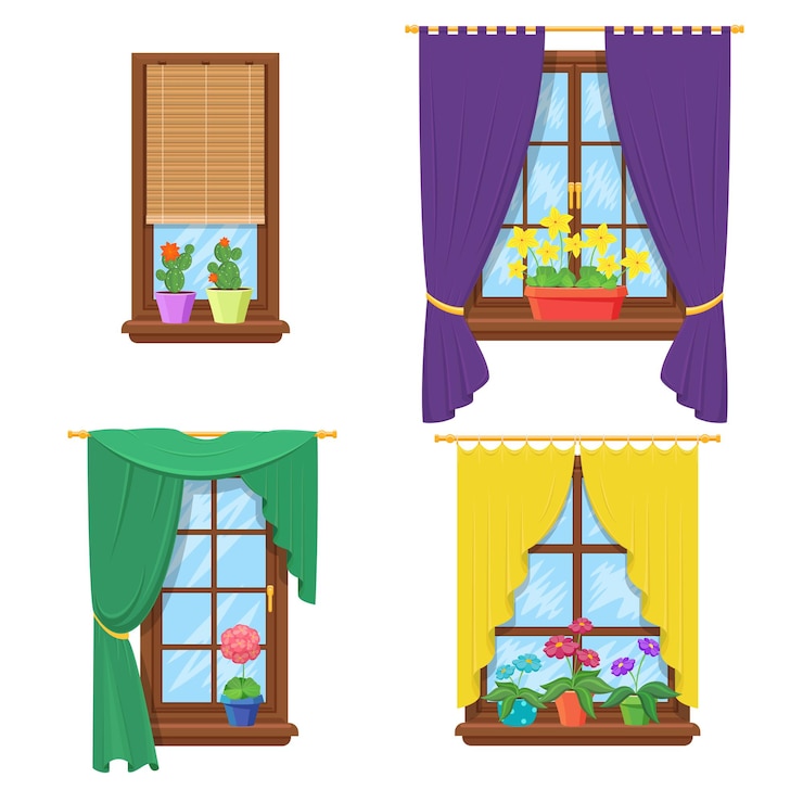 Vetor grátis janelas com cortinas e flores