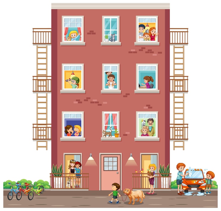 Vetor grátis janelas de apartamento com personagem de desenho animado de vizinhos