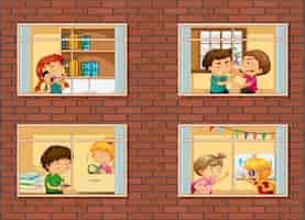 Vetor grátis janelas de apartamento com personagem de desenho animado de vizinhos