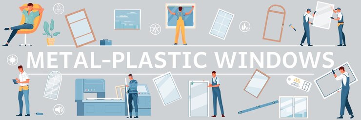 Vetor grátis janelas de plástico planas e figuras isoladas de ilustração de trabalhadores