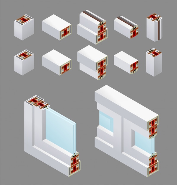 Vetor grátis janelas de pvc isométricas e elementos de armação