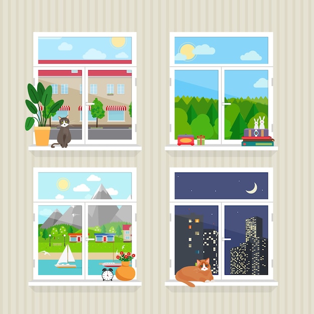 Vetor grátis janelas planas de vetor com paisagem. cidade e arranha-céu, floresta e gato, dia e noite