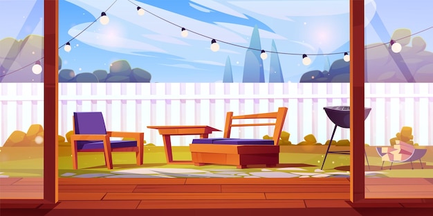 Vetor grátis jardim de quintal de casa com desenho de cerca vetor pátio ao ar livre de verão com mesa de churrasco e piso de madeira em ambiente de condomínio moderno churrasco em dia ensolarado ilustração de cena de design de quintal