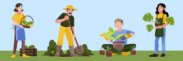 Vetor grátis jardinagem ou trabalhos agrícolas. homens e mulheres camponeses plantando e cuidando de árvores e plantas, colhendo e cavando o solo. personagens felizes trabalhando no jardim de verão, ilustração vetorial dos desenhos animados