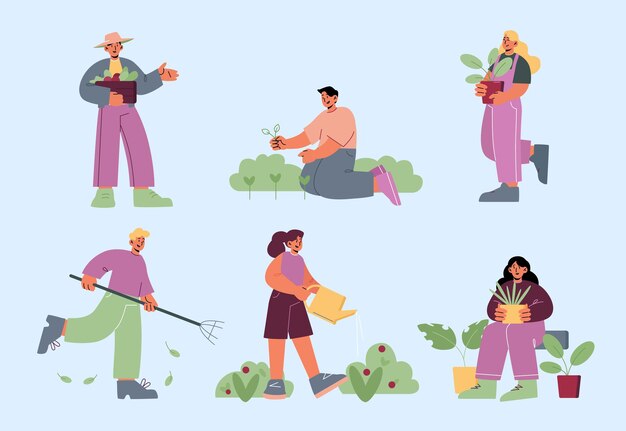 Jardinagem ou trabalhos agrícolas. Homens e mulheres plantando e cuidando de brotos e plantas, varrendo a terra, regando e fertilizando flores. Personagens trabalhando no jardim de verão, ilustração vetorial plana de arte de linha