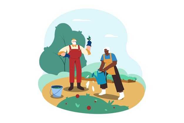Jardinagem plana de homem e mulher sênior