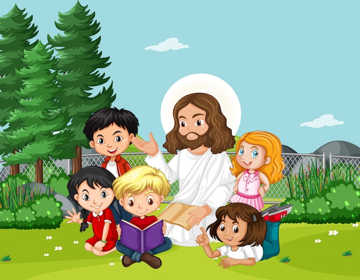Vetor grátis jesus com crianças no parque