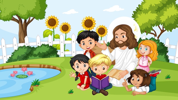 Vetor grátis jesus com crianças no parque
