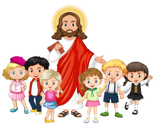Jesus com um personagem de desenho animado do grupo infantil