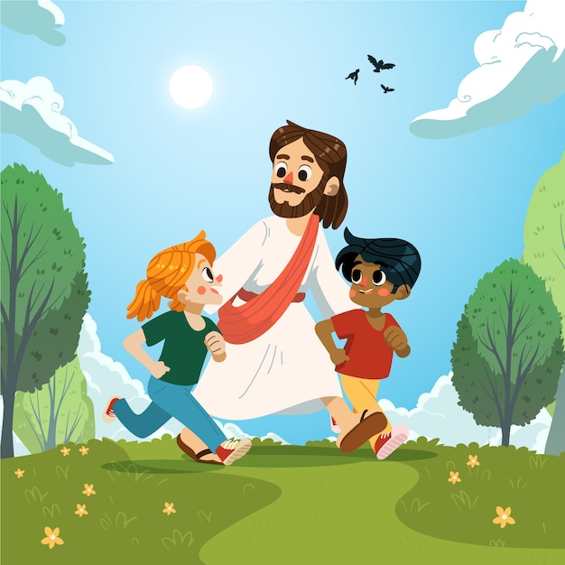 Jesus desenhado à mão com ilustração de crianças