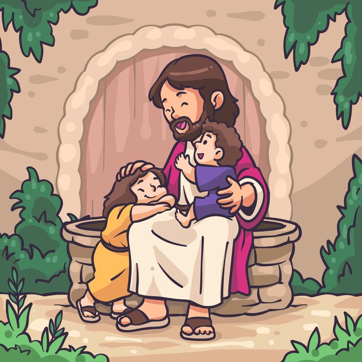 Vetor grátis jesus desenhado à mão com ilustração de crianças
