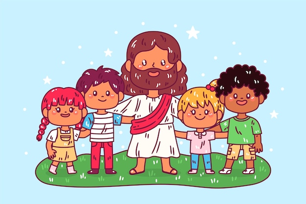 Jesus desenhado à mão com ilustração de crianças