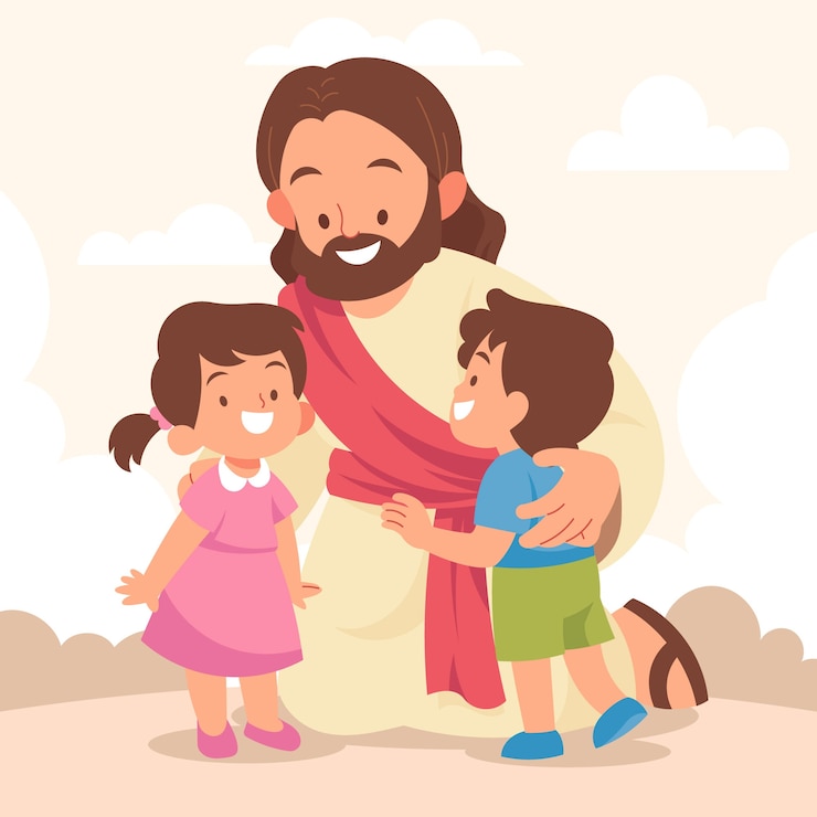 Vetor grátis jesus desenhado à mão com ilustração de crianças