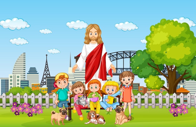 Jesus e crianças no parque