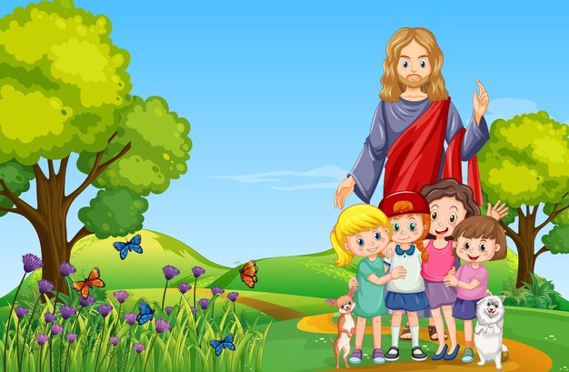 Jesus e crianças no parque