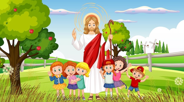Vetor grátis jesus e crianças no parque