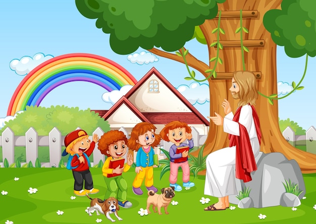 Vetor grátis jesus e crianças no parque