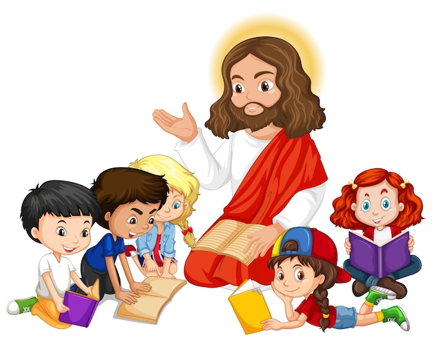 Jesus pregando para um personagem de desenho animado de um grupo de crianças