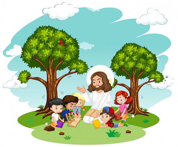 Jesus pregando para um personagem de desenho animado de um grupo infantil