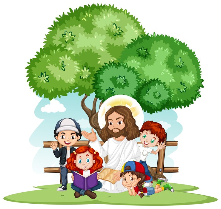 Vetor grátis jesus pregando para um personagem de desenho animado de um grupo infantil