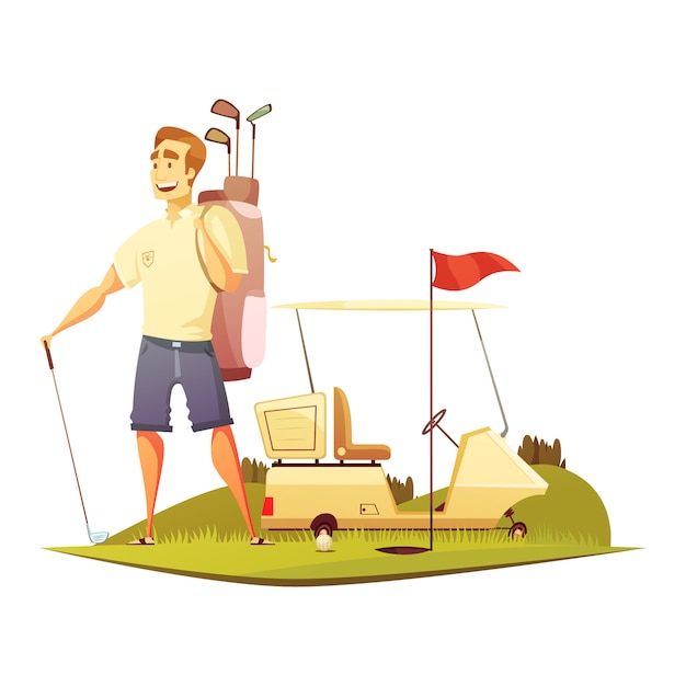 Jogador golfe, ligado, curso, com, saco, carro, e, alfinete bandeira vermelha, perto, buraco, retro, caricatura, vetorial, ilustração